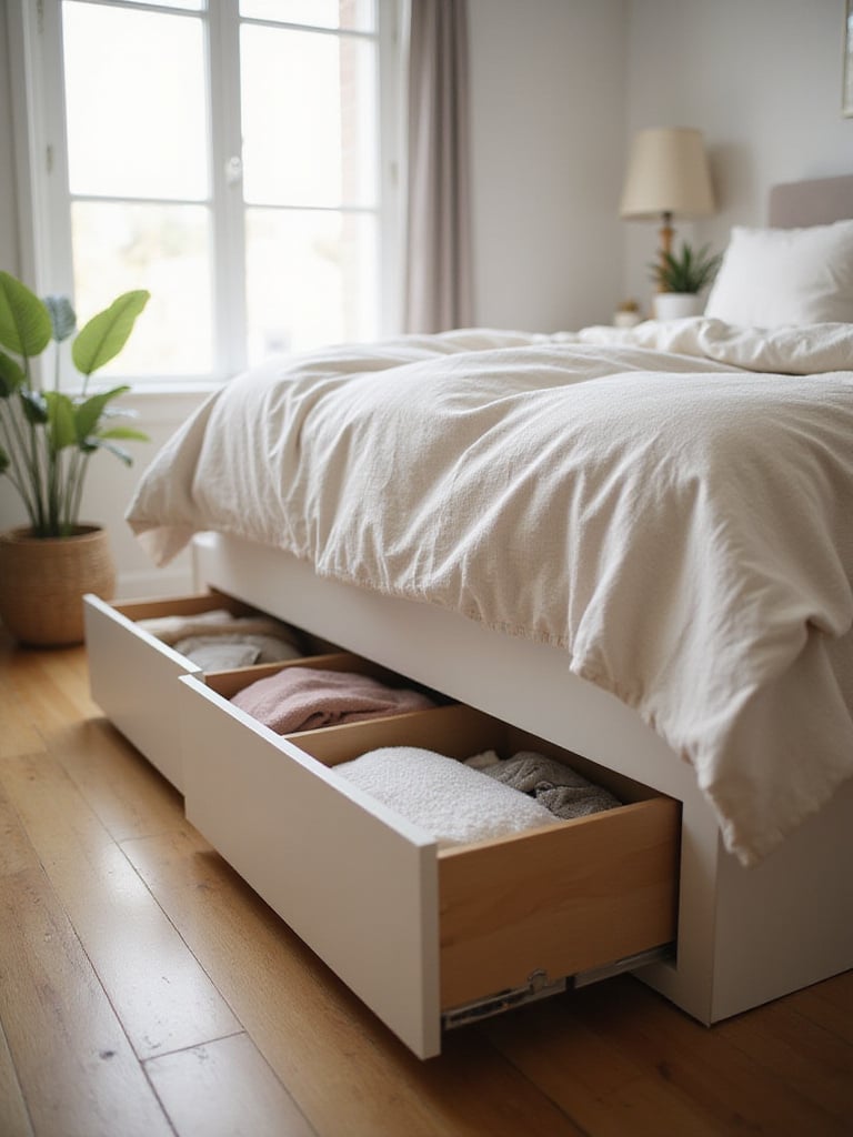 Organized under-bed storage drawers in a small bedroom