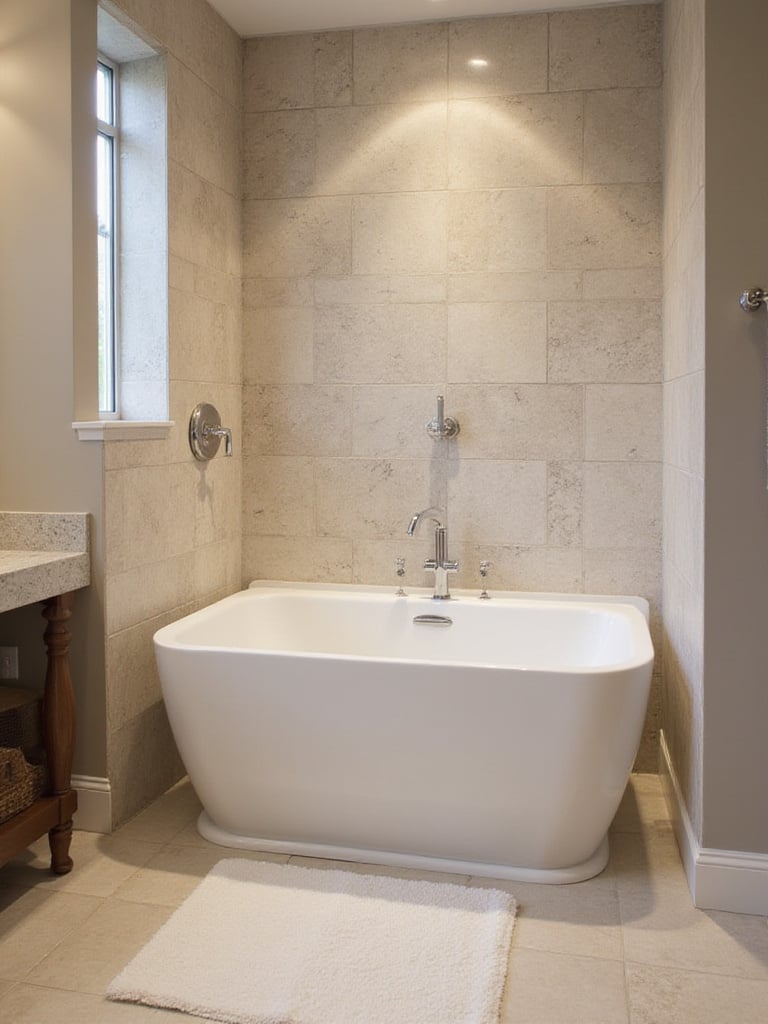 Stylish built-in alcove bathtub in a modern bathroom with elegant tiles.