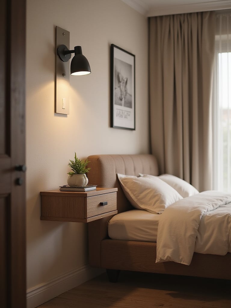 Cozy bedroom with a wall-mounted floating nightstand and warm lighting