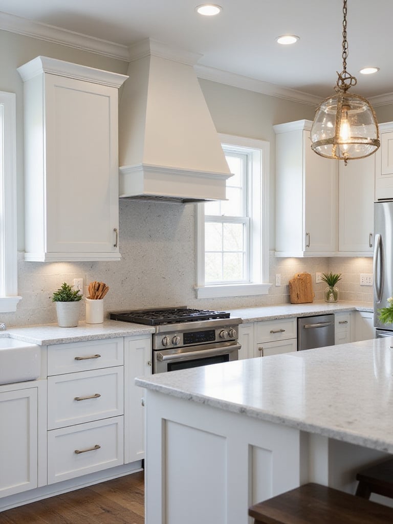 Modern kitchen showcasing prioritized renovation areas with refaced cabinets, quartz countertops, and stylish lighting.