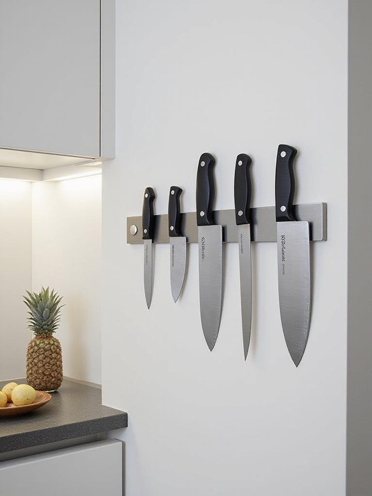 Modern kitchen wall with magnetic knife strip and knives showcased