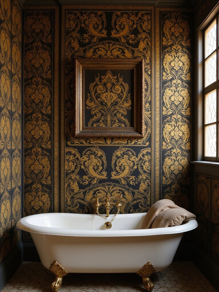Elegant vintage bathroom featuring Art Deco wallpaper with gold and black patterns.