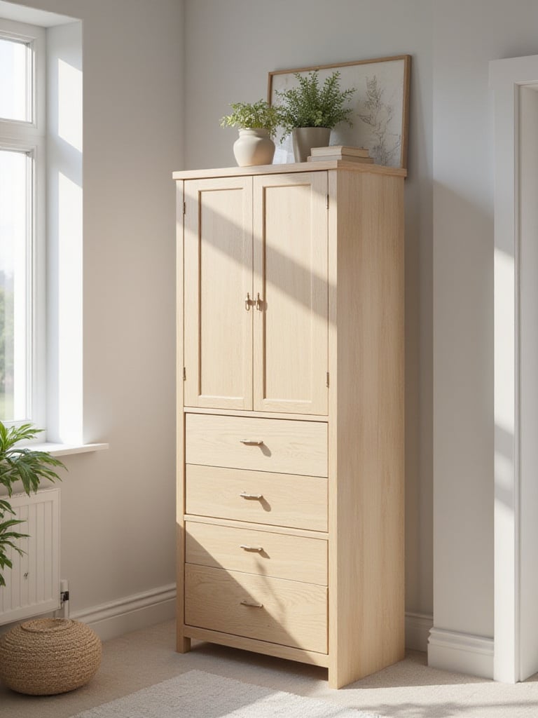 A stylish slim tall dresser in a small bedroom, showcasing vertical storage.