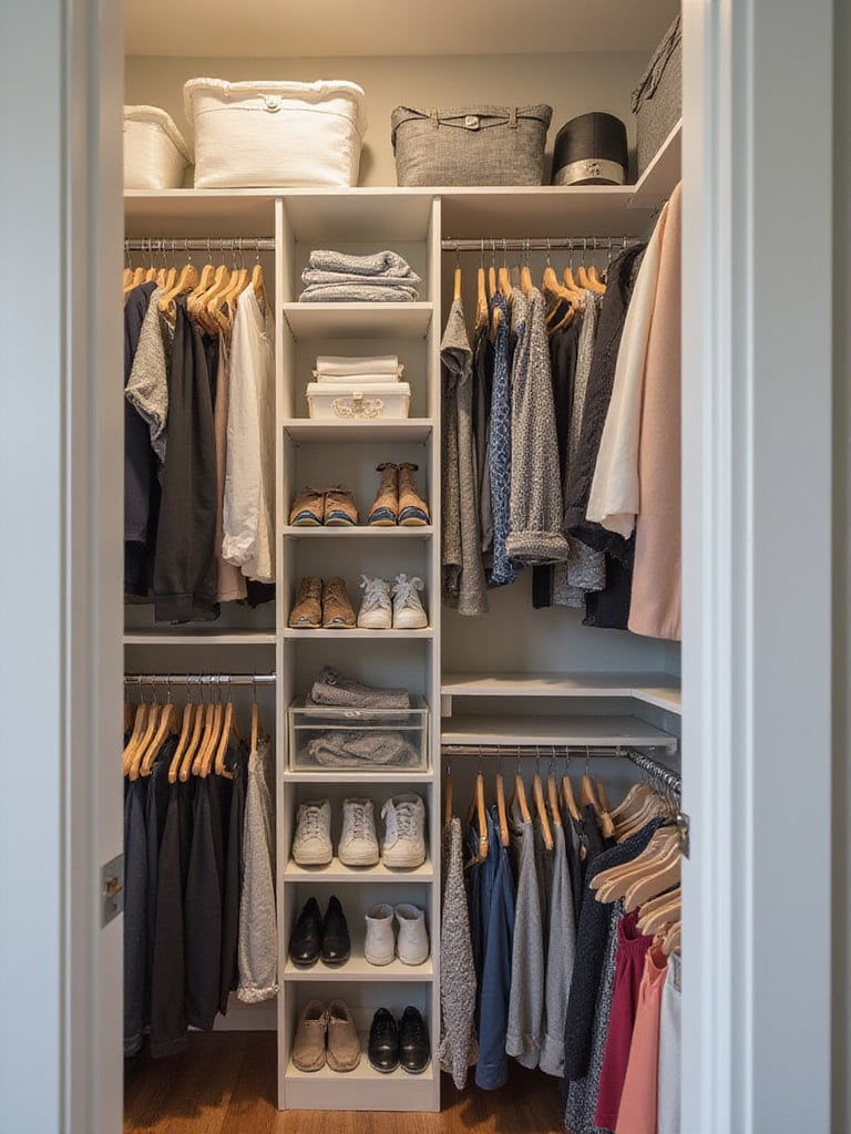 Organized closet with adjustable organizers and rods