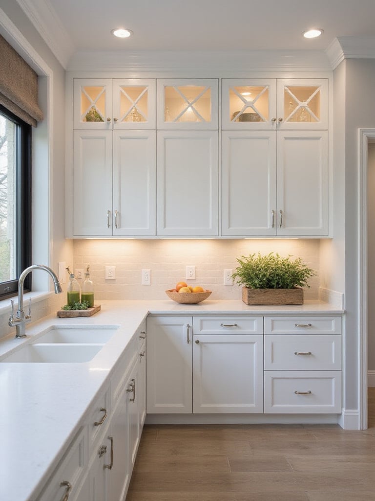 Modern kitchen with white cabinets illuminated by layered lighting.