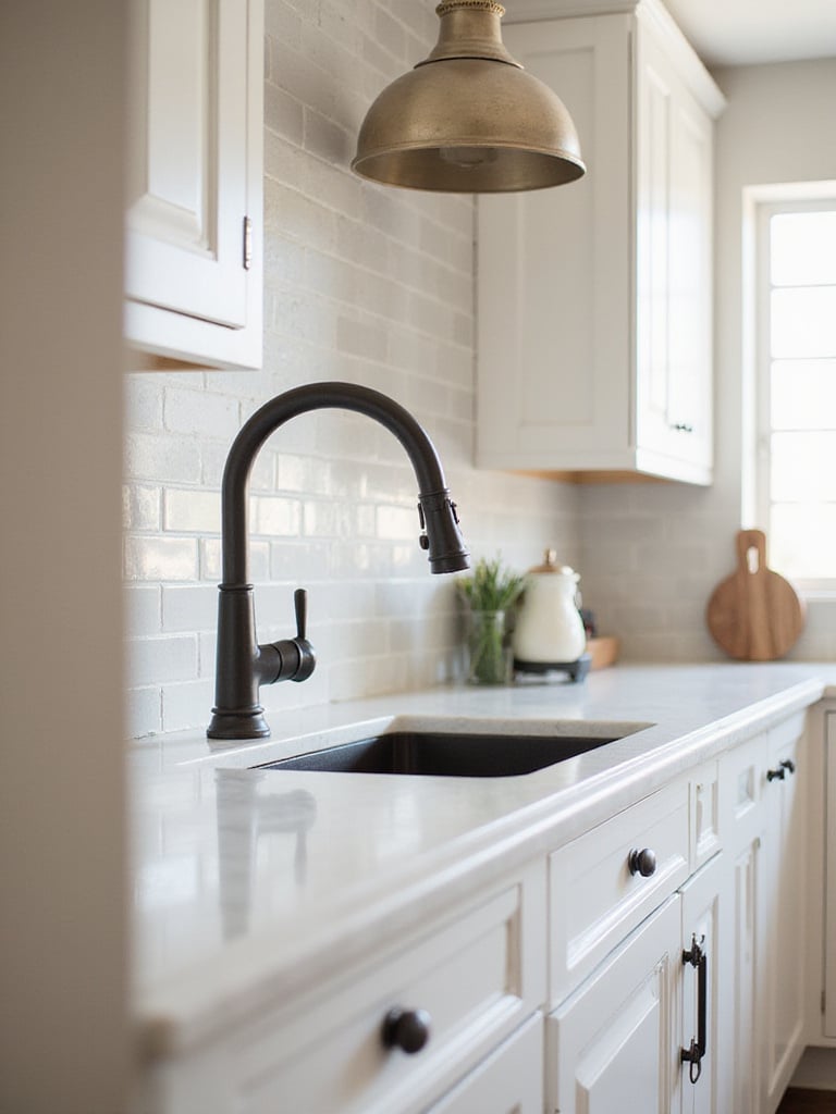 Modern farmhouse kitchen featuring sleek matte black cabinet pulls and a vintage-style bridge faucet in oil-rubbed bronze.