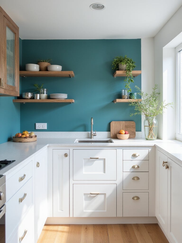 Modern kitchen with a bold teal accent wall behind open shelving
