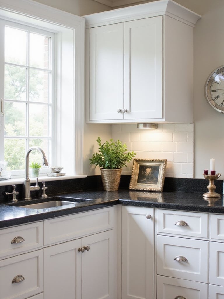 Modern kitchen featuring white cabinets and a contrasting black granite countertop