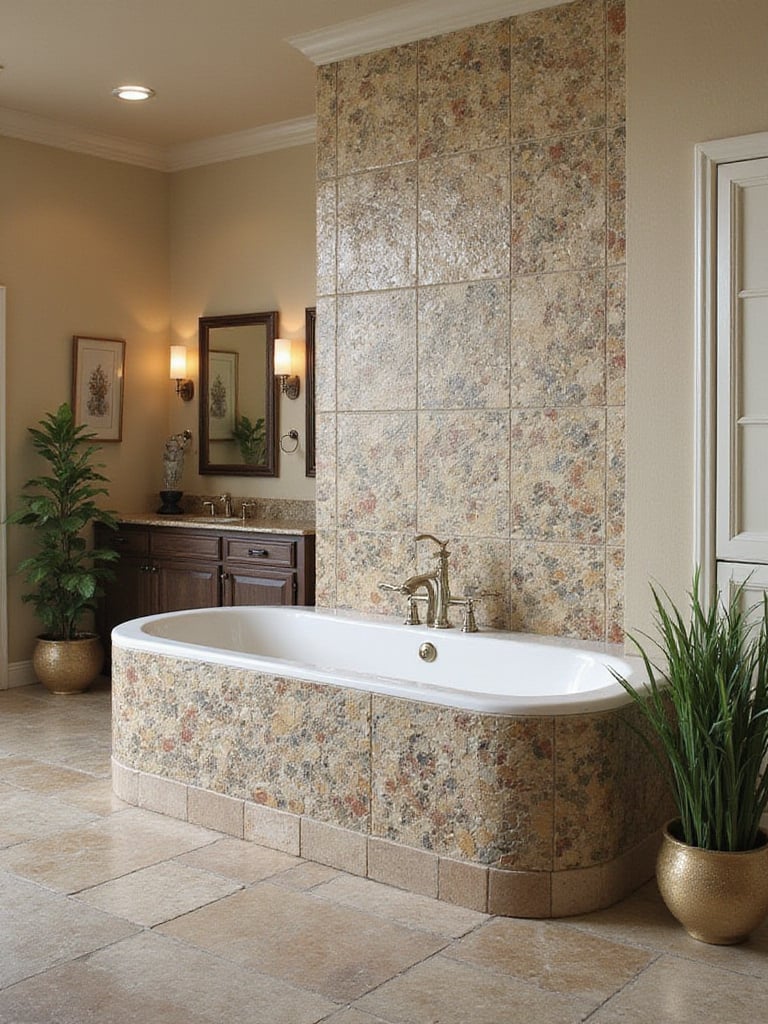 Custom-tiled bathtub in a luxurious bathroom with intricate tile work and elegant decor.