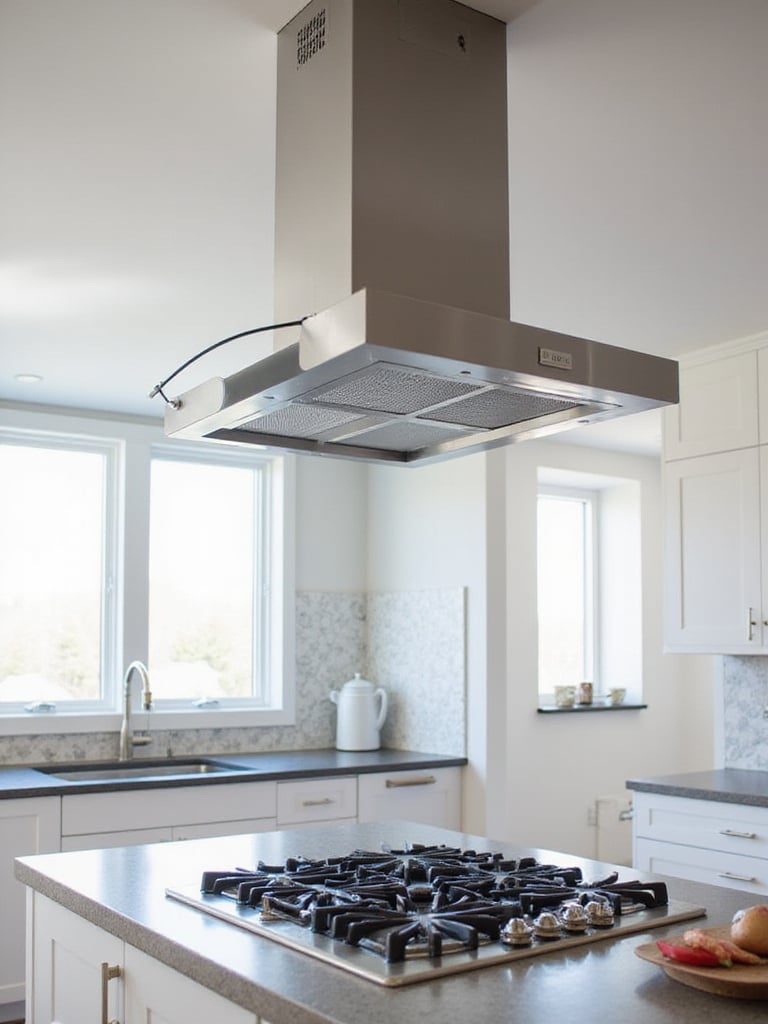 Modern kitchen with a range hood showcasing proper ventilation for air quality and comfort.