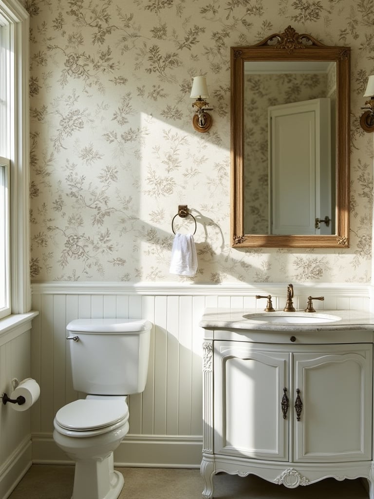 A vintage bathroom with intricate wallpaper design, showcasing quality and elegance.