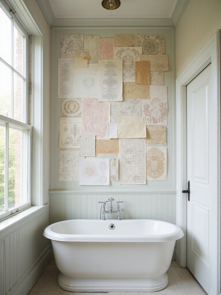 Vintage bathroom wallpaper samples displayed on a wall, showcasing various patterns and colors.