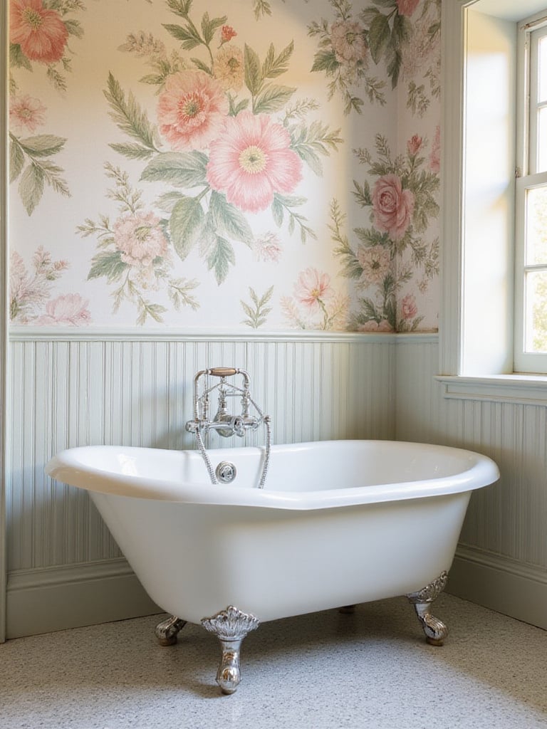 Vintage bathroom with subtle mixed patterns on wallpaper and elegant fixtures