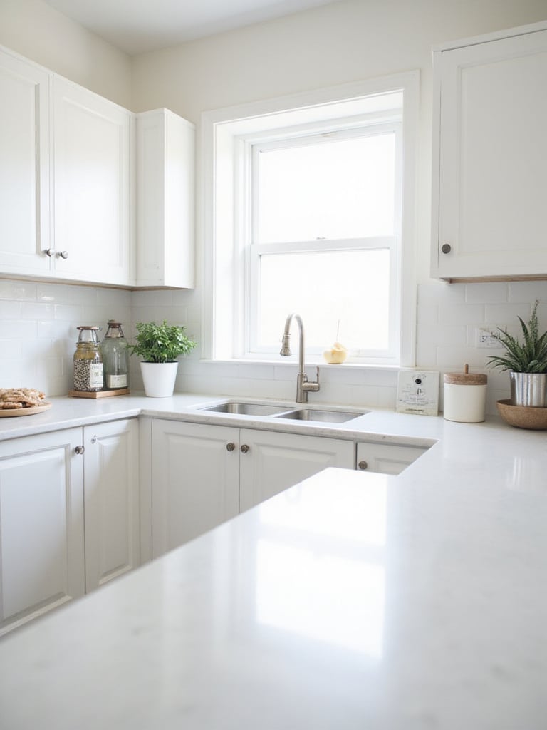 Pristine white kitchen featuring bright cabinets that avoid yellowing