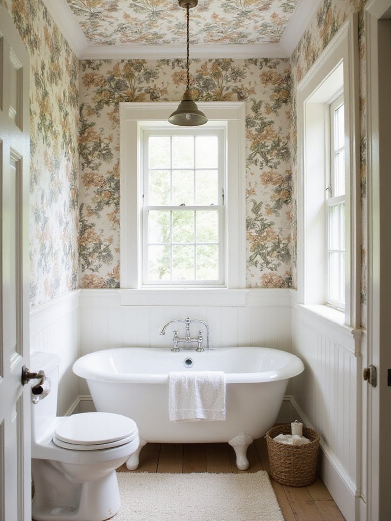 Small bathroom with vintage wallpaper showcasing large-scale botanical pattern