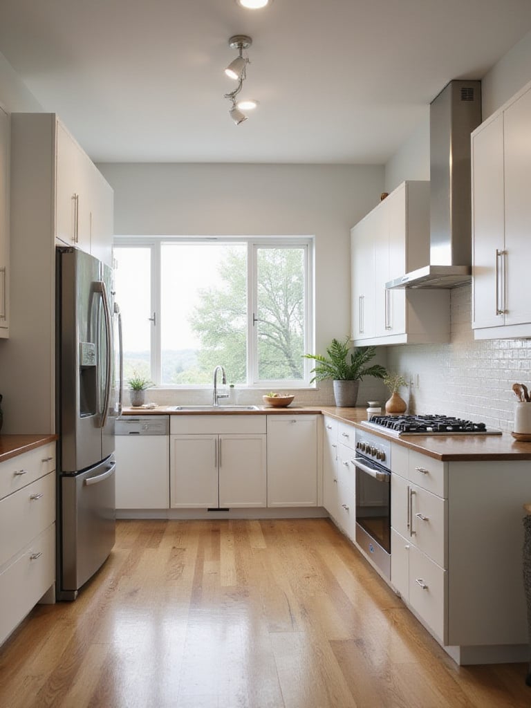 Modern kitchen layout showcasing the Kitchen Work Triangle design principle with refrigerator, sink, and range.