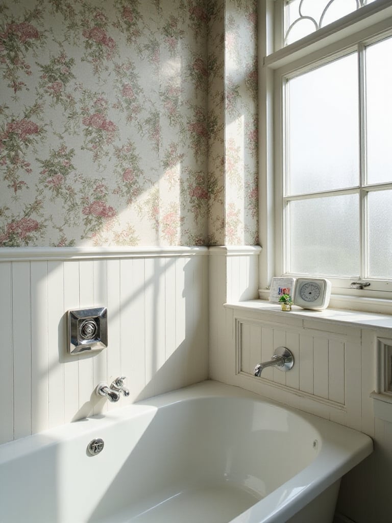 Stylish bathroom with vintage wallpaper and proper ventilation setup.