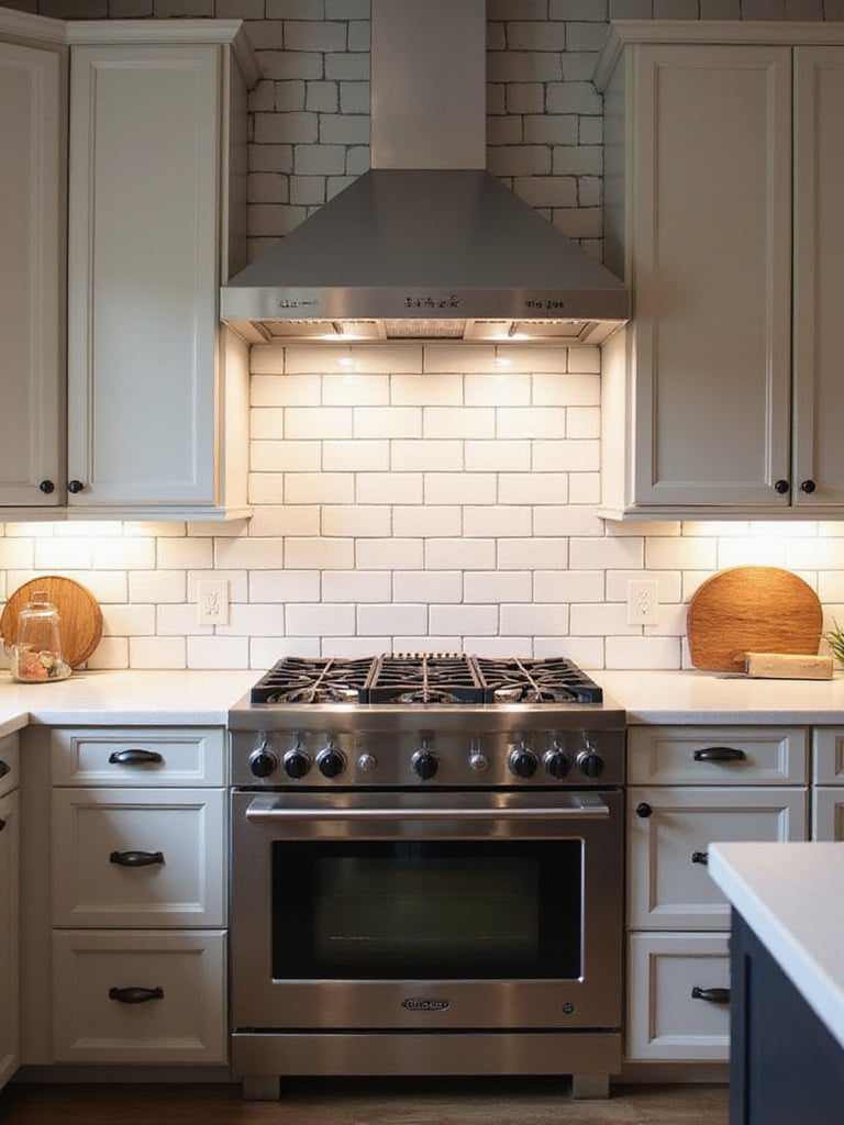 A modern kitchen with a white subway tile backsplash extending to the ceiling, showcasing a stylish and contemporary design.
