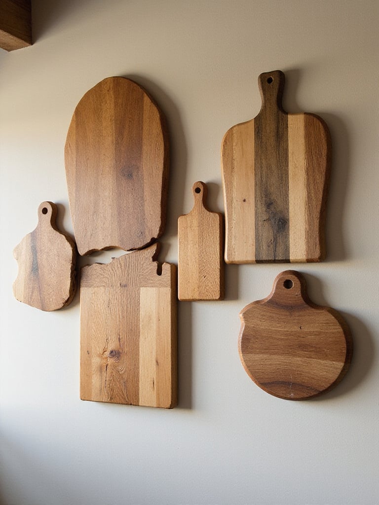 Artistic arrangement of repurposed cutting boards on a kitchen wall
