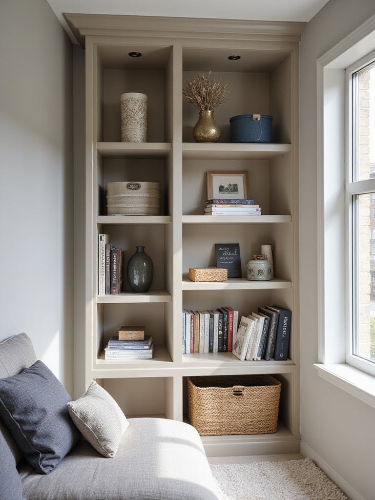 A cozy small bedroom with tall, narrow bookcases filled with books and decorative items.