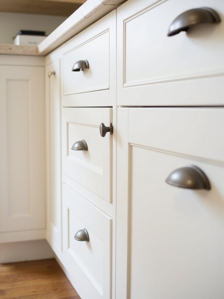 A well-designed kitchen with white cabinets and stylish cabinet hardware that defines the kitchen's aesthetic.