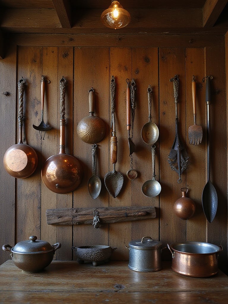 Vintage kitchen utensils beautifully displayed on a rustic wooden wall.
