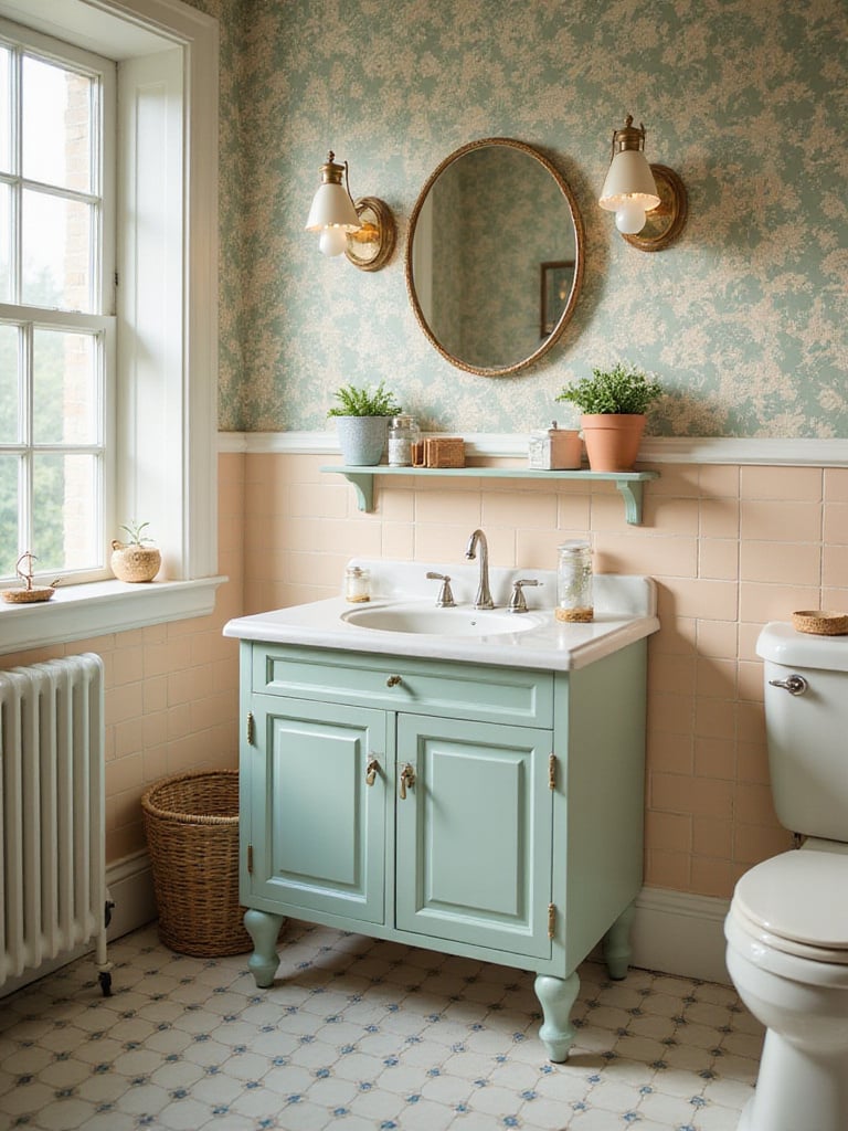 Vintage bathroom with harmonious color palette complementing wallpaper