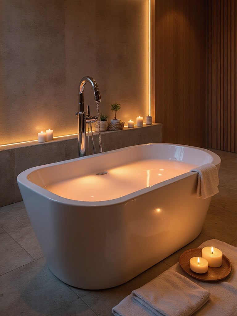 Luxurious heated bathtub with warm ambient lighting in a modern bathroom