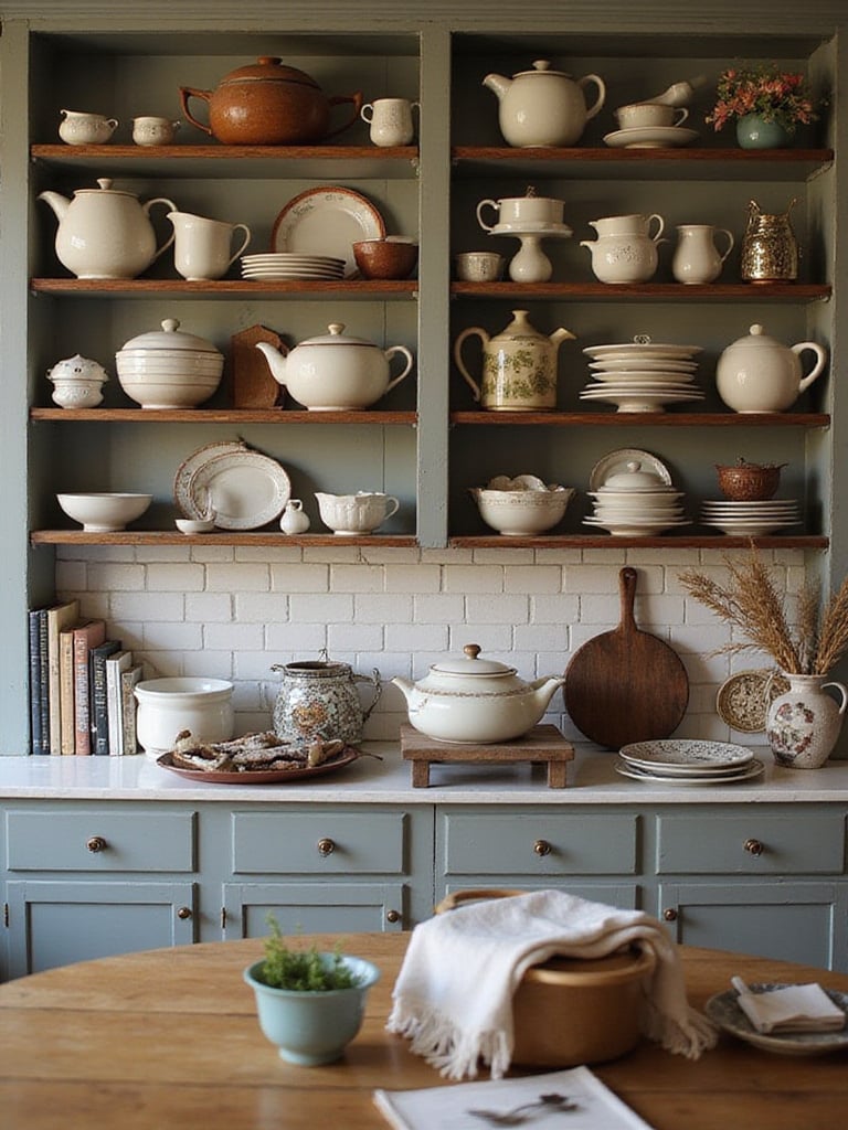 Cozy kitchen with open shelving displaying personal decor and vintage items
