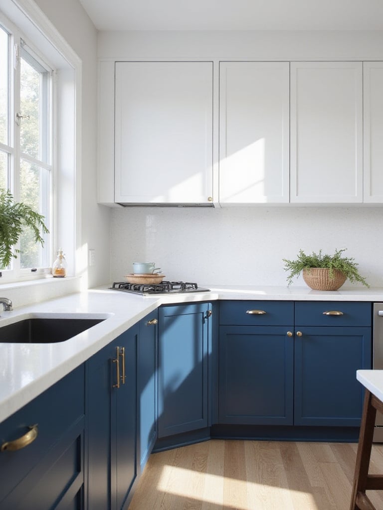 Modern kitchen with white upper cabinets and navy blue lower cabinets