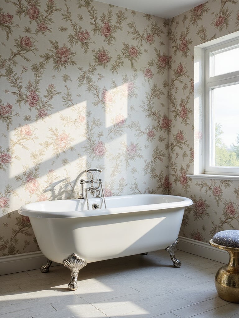 A vintage-inspired bathroom with high-quality reproduction wallpaper featuring a floral pattern.