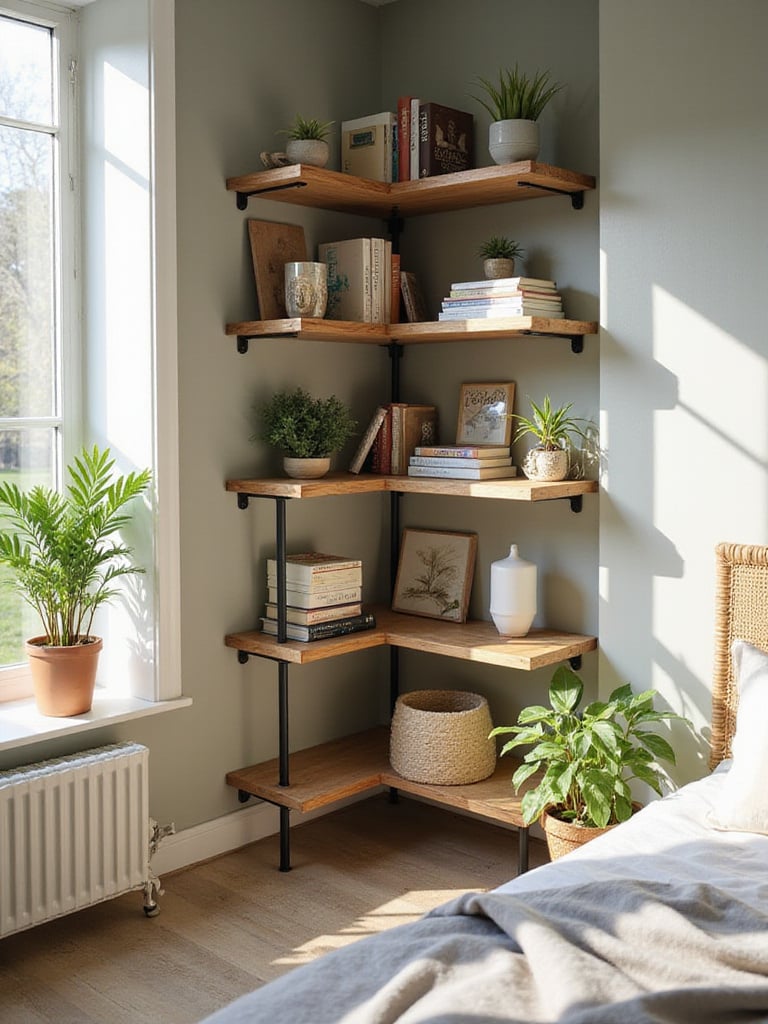 Multi-tiered corner shelving unit filled with books and decor in a cozy bedroom.