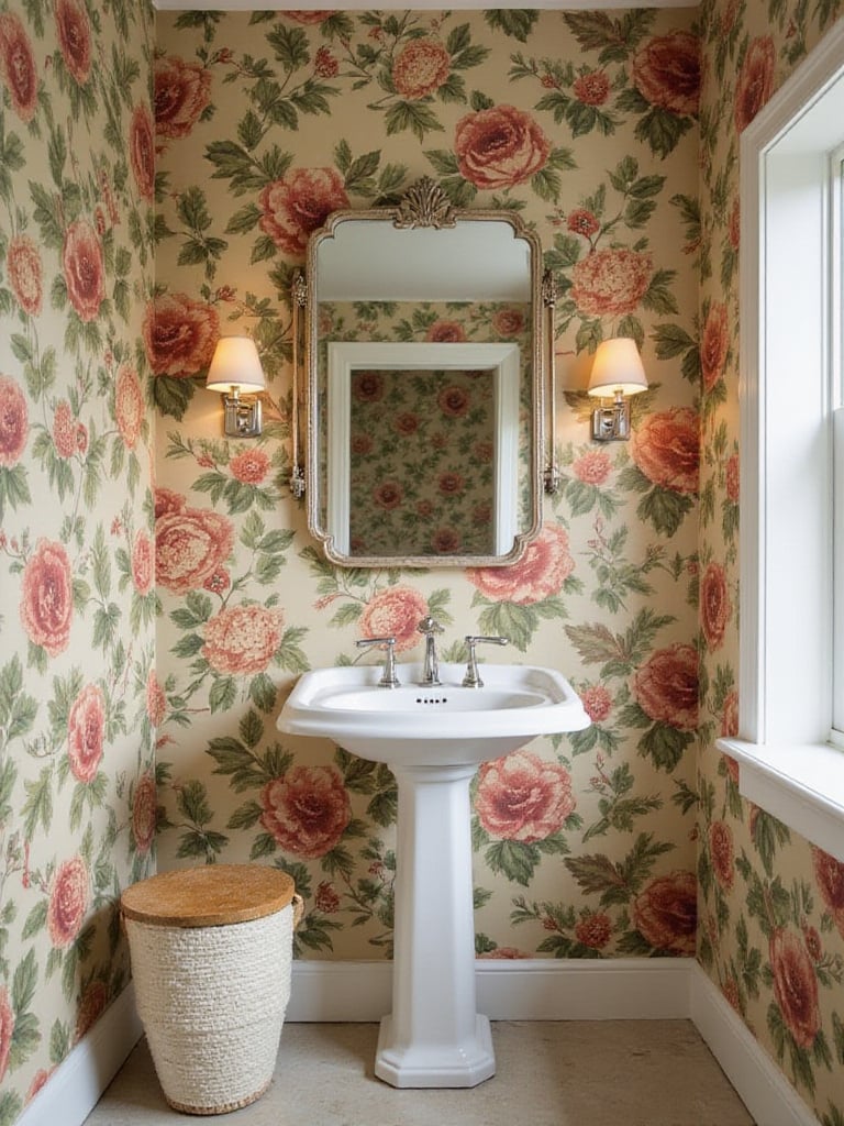 Small bathroom with vintage wallpaper and pedestal sink