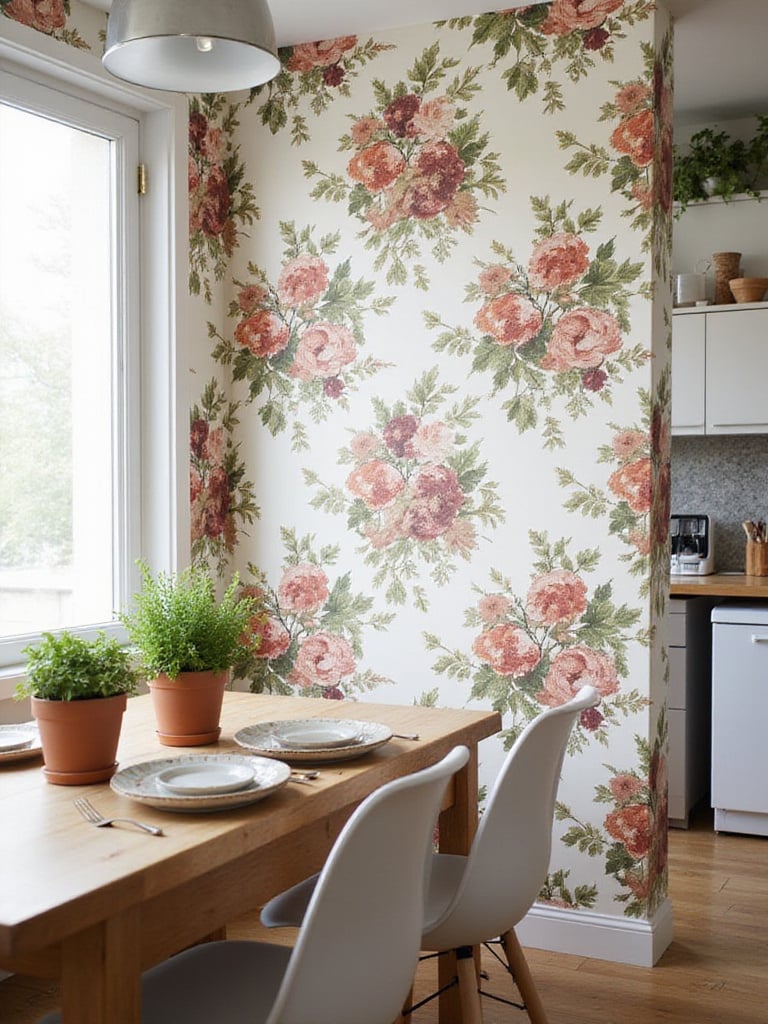 Kitchen with removable peel-and-stick wallpaper featuring a floral pattern and dining table.