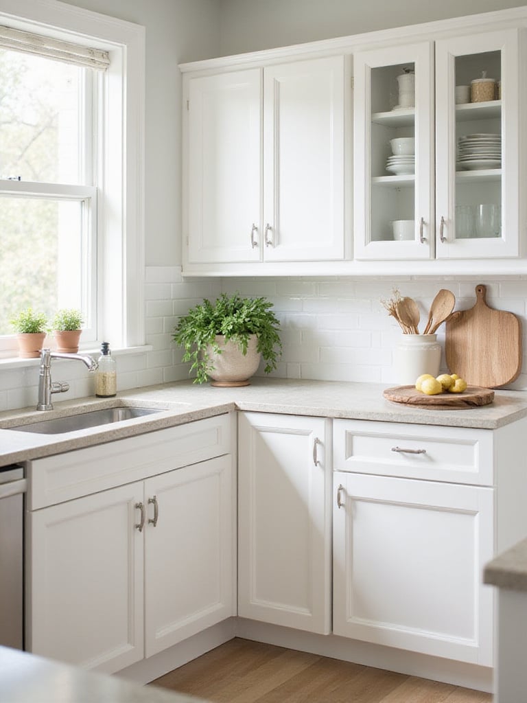 Professional photo of white kitchen cabinets with organized kitchen tools and soft natural lighting.