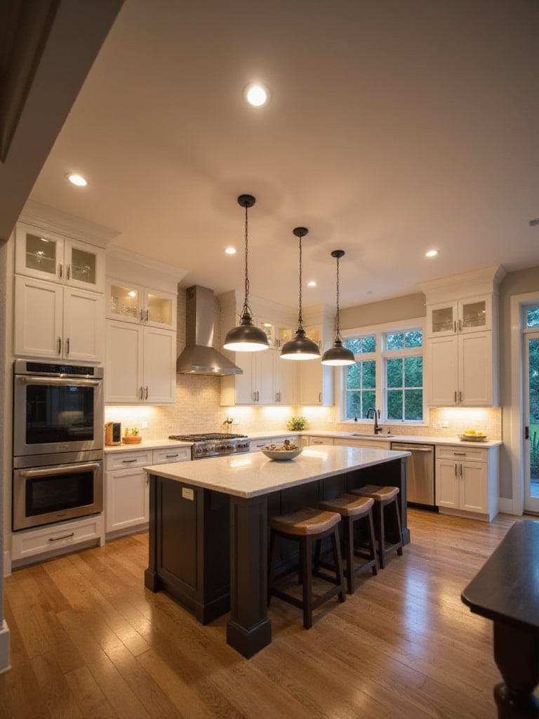 Well-lit modern kitchen with layered lighting design for task and ambiance.