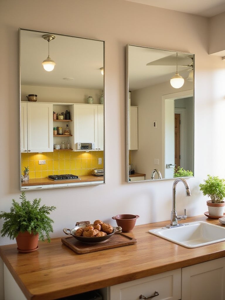 A bright small kitchen featuring strategically placed mirrors reflecting light and decor.
