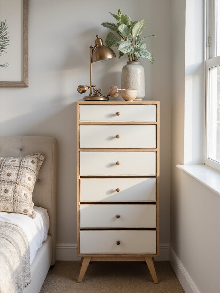 Slim vertical dresser in a small bedroom, showcasing storage capabilities and design.
