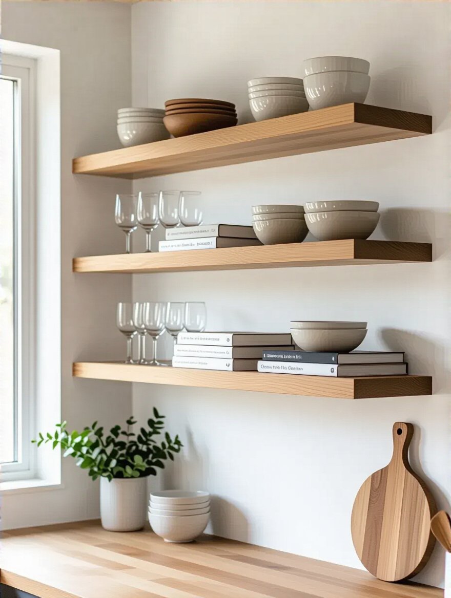 Modern kitchen wall with natural wood floating shelves displaying glassware and cookbooks in bright natural light