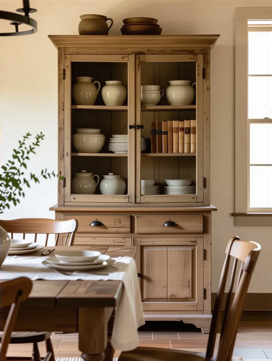 Rustic dining room with an antique hutch showcasing vintage items.