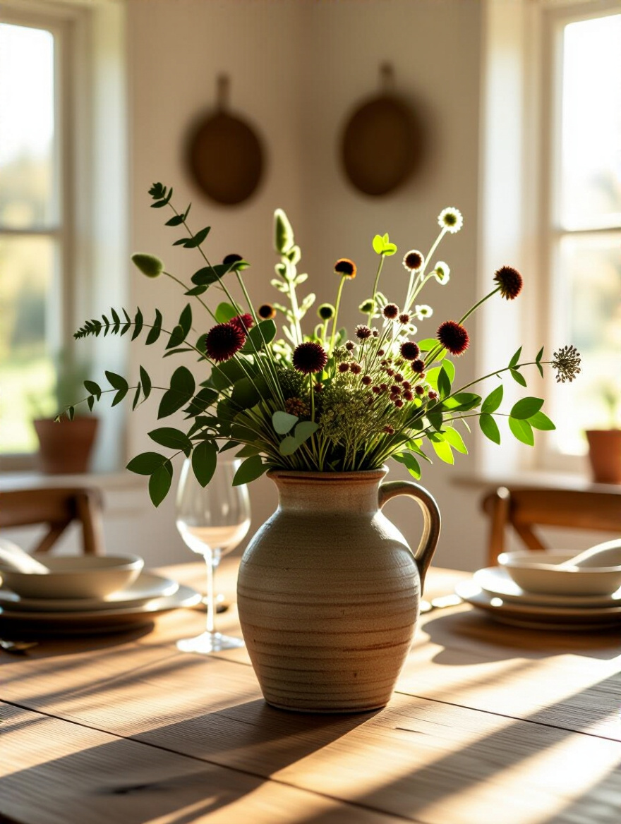 Rustic dining room centerpiece with foraged greenery and dried flowers in a stoneware jug.
