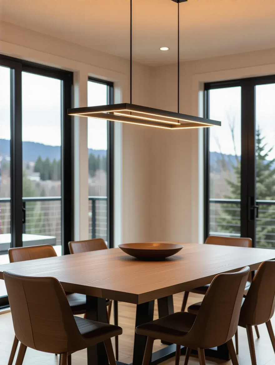 Contemporary dining room with a rectangular wooden table and a proportionally sized linear LED chandelier hanging above