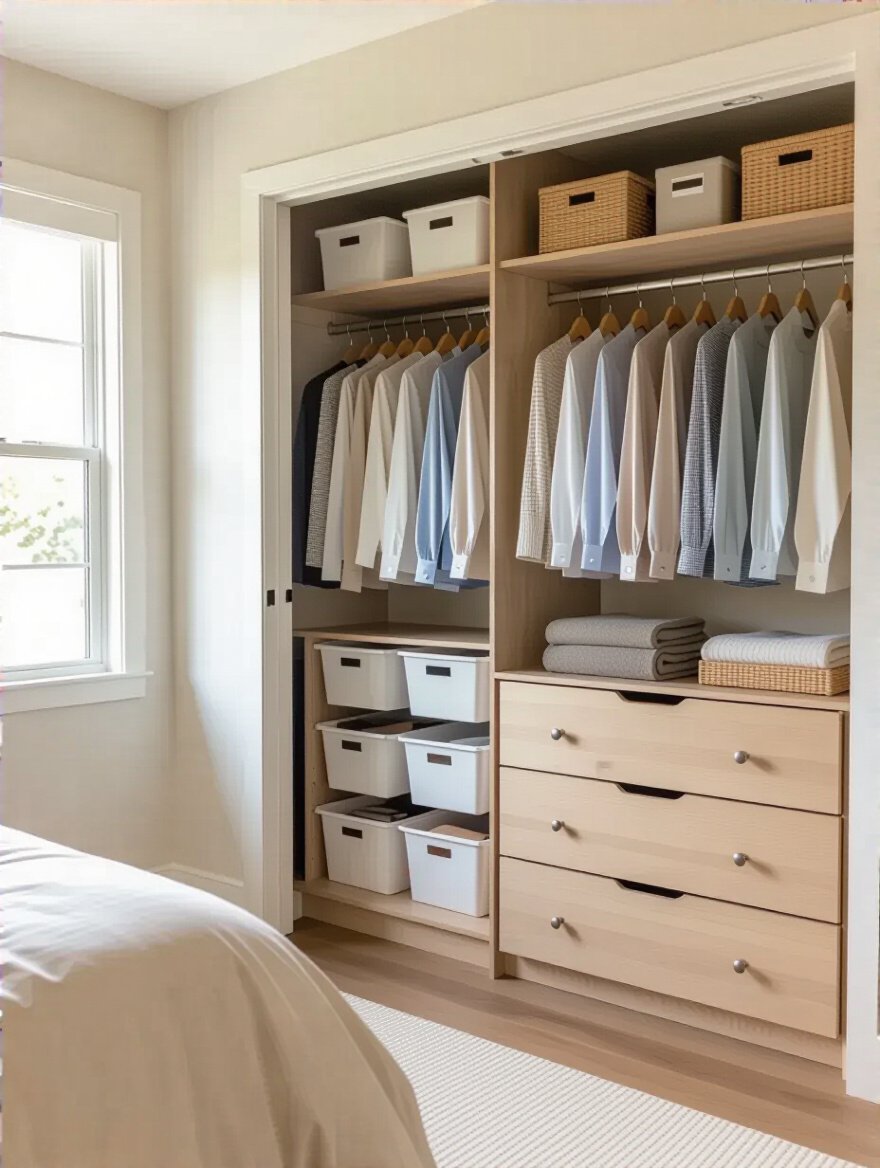 Neatly organized bedroom closet with labeled storage bins and a decluttered dresser.
