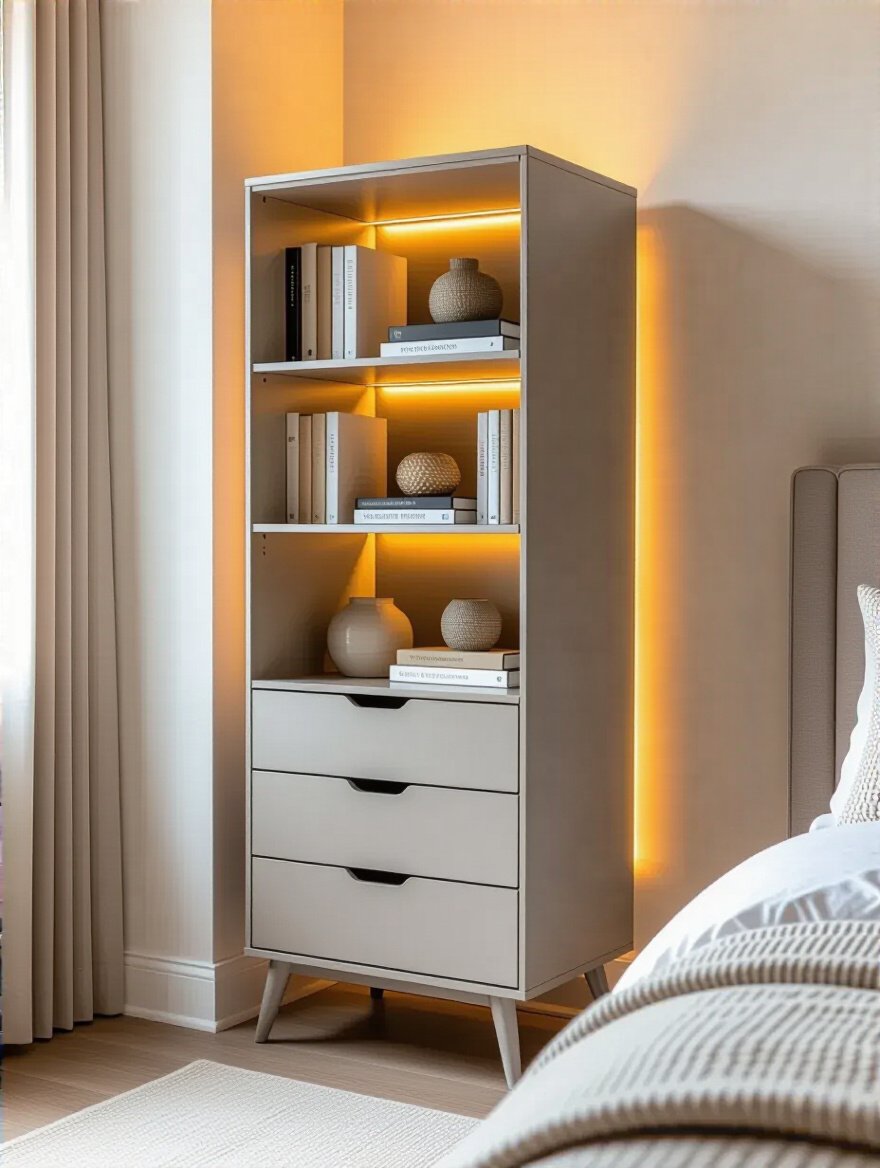 Stylish bedroom corner with a slim tall storage tower and decorative items.