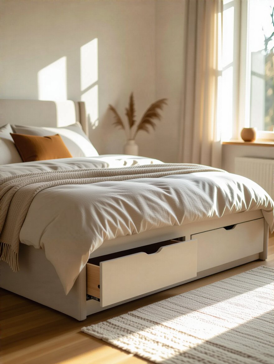 Modern bedroom with a bed featuring built-in drawers and stylish decor