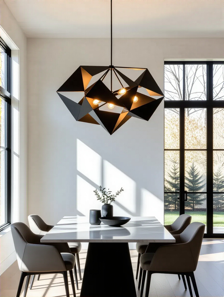 Contemporary dining room with a bold matte black geometric chandelier hanging above a minimalist dining table, showcasing modern lighting design.
