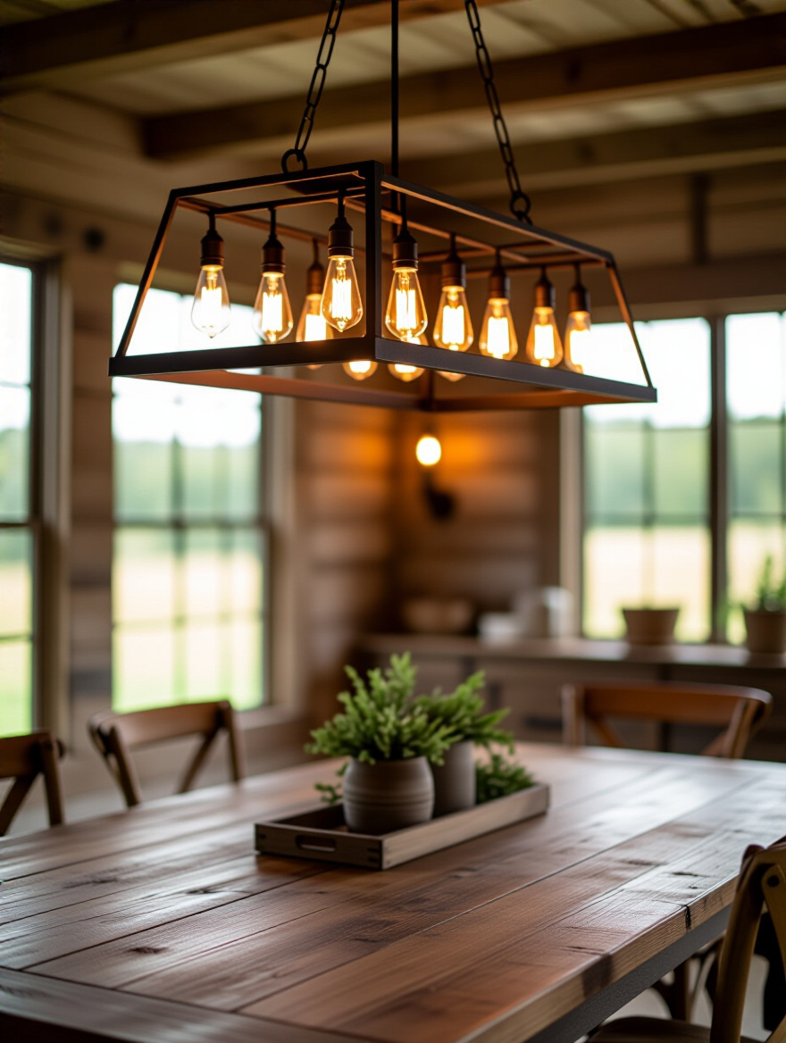 A rustic dining room with a wrought iron chandelier over a farmhouse table, showcasing warm lighting.
