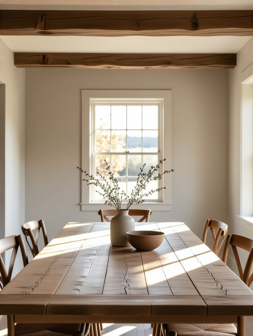 Rustic dining room with warm neutral color palette and natural materials