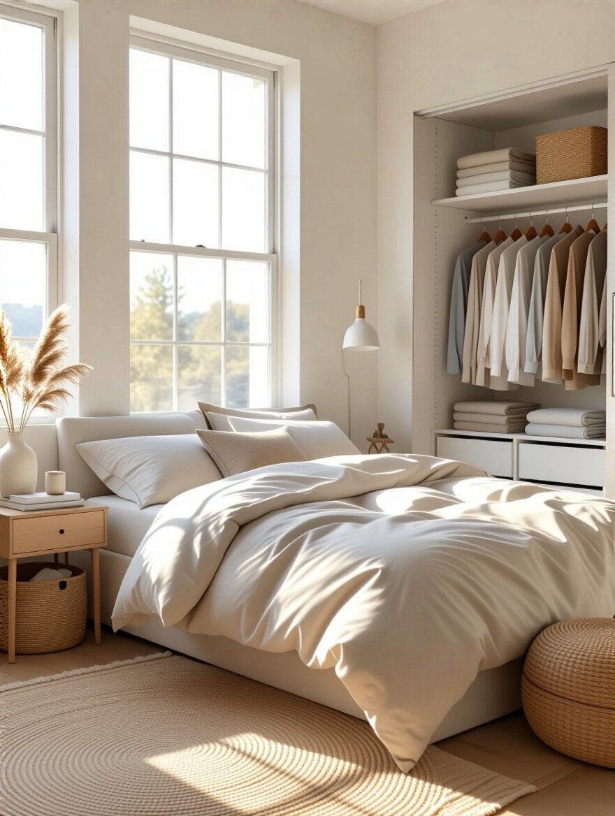 Decluttered and organized bedroom with natural light