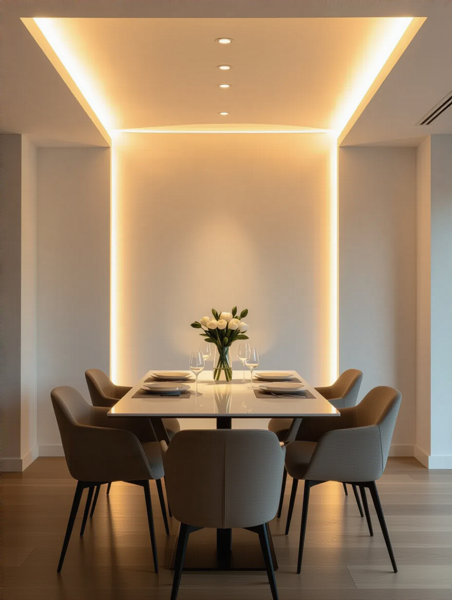 Contemporary dining room with warm white LED strip lighting in ceiling cove creating subtle architectural accents and ambient glow